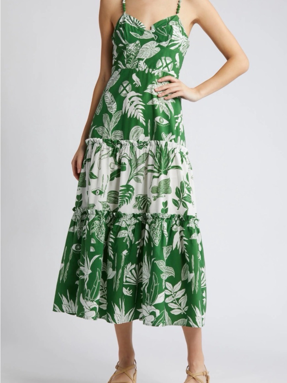FARM Rio Green and White Botanical Tiered Midi Dress